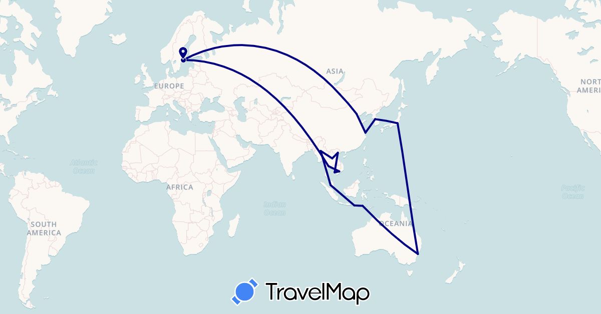 TravelMap itinerary: driving in Australia, China, Indonesia, Japan, South Korea, Laos, Myanmar (Burma), Mongolia, Malaysia, Sweden, Thailand, Vietnam (Asia, Europe, Oceania)